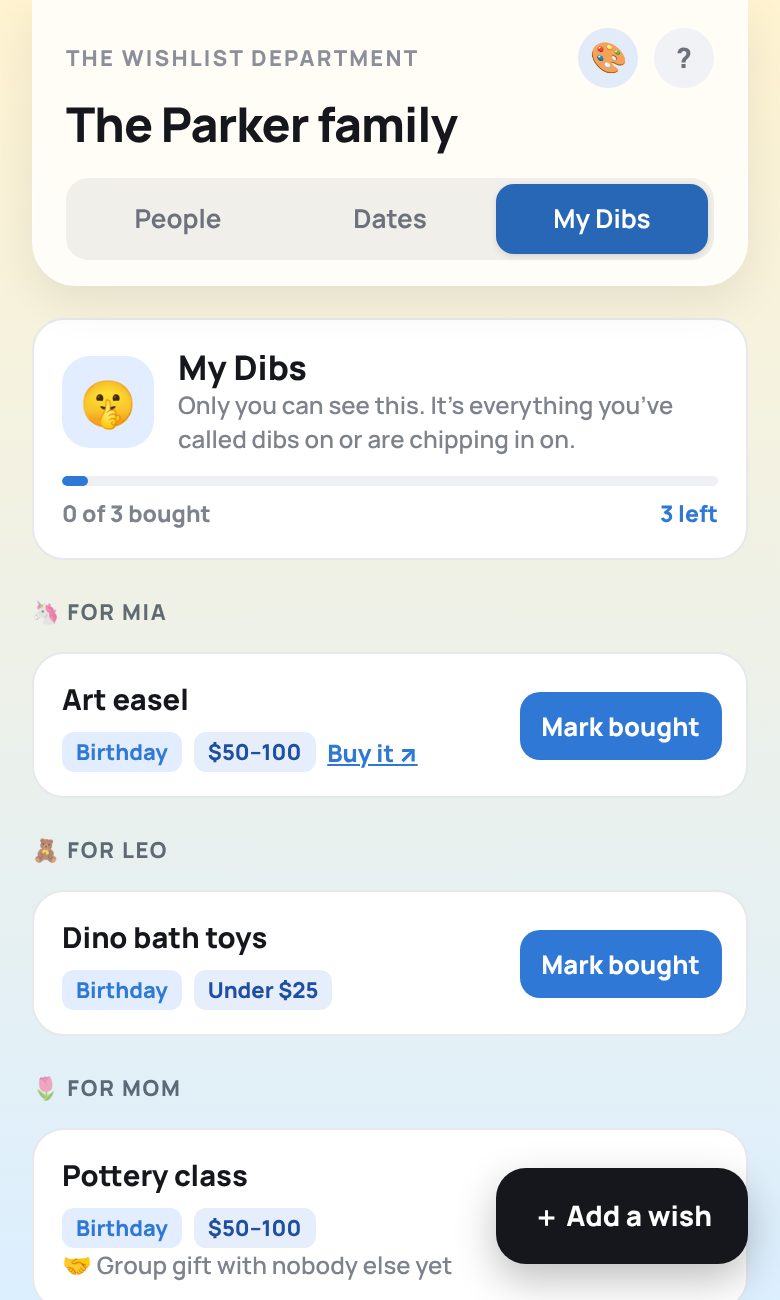 The My Dibs tab listing every wish this person called dibs on, grouped by whose list it's from