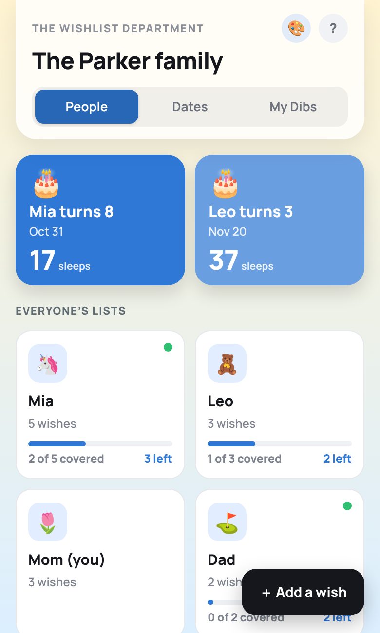 Family page showing upcoming occasions and everyone's lists, with People, Dates and My Dibs tabs