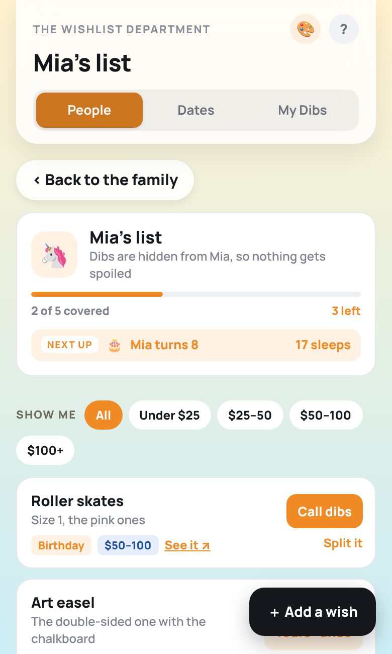 A person's list with call dibs buttons