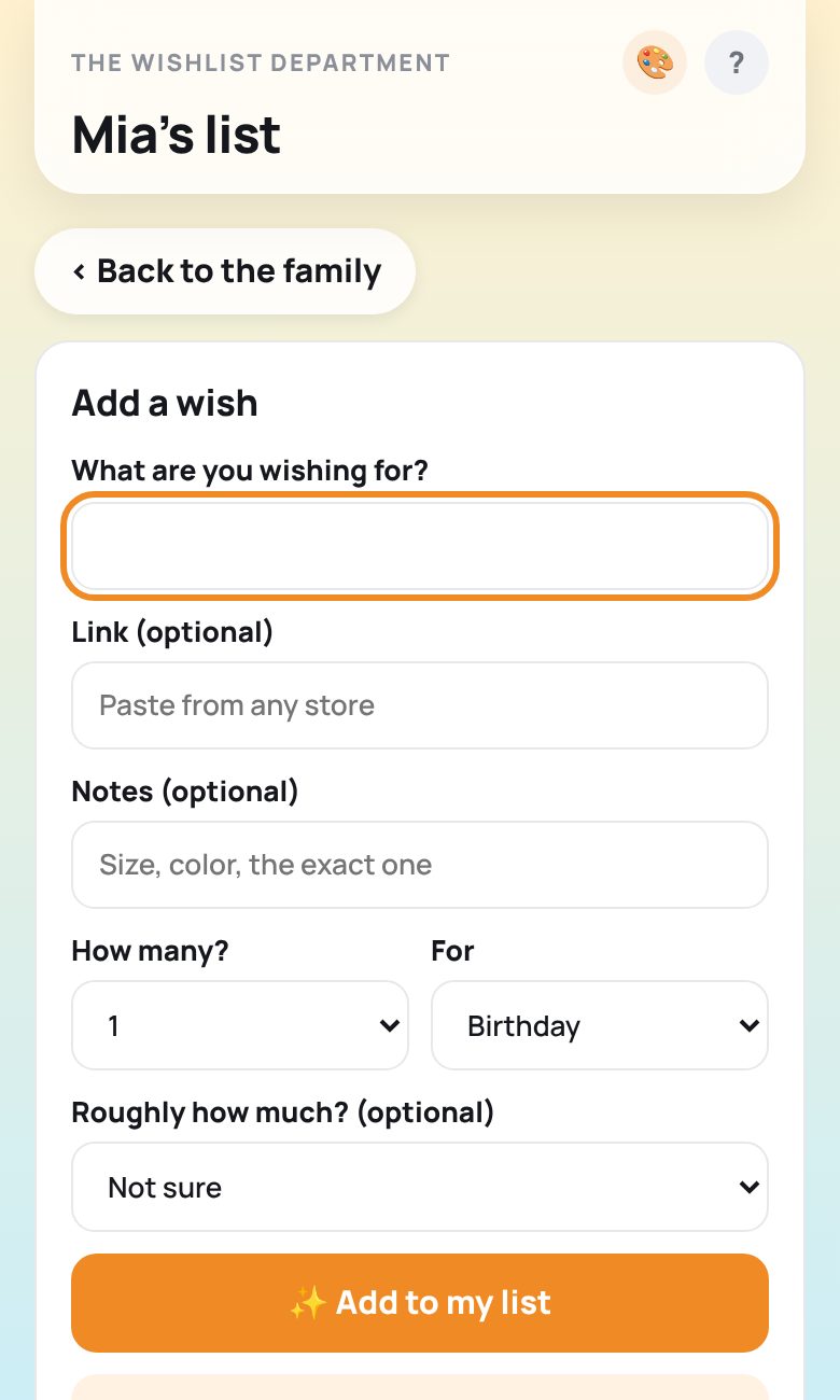 My list view where the owner adds a wish for their birthday
