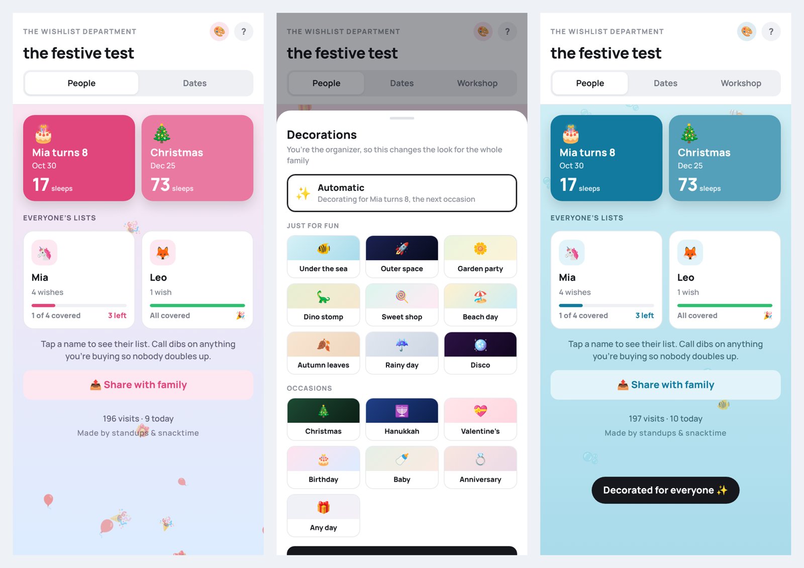 Theme picker showing occasion and just-for-fun decorations