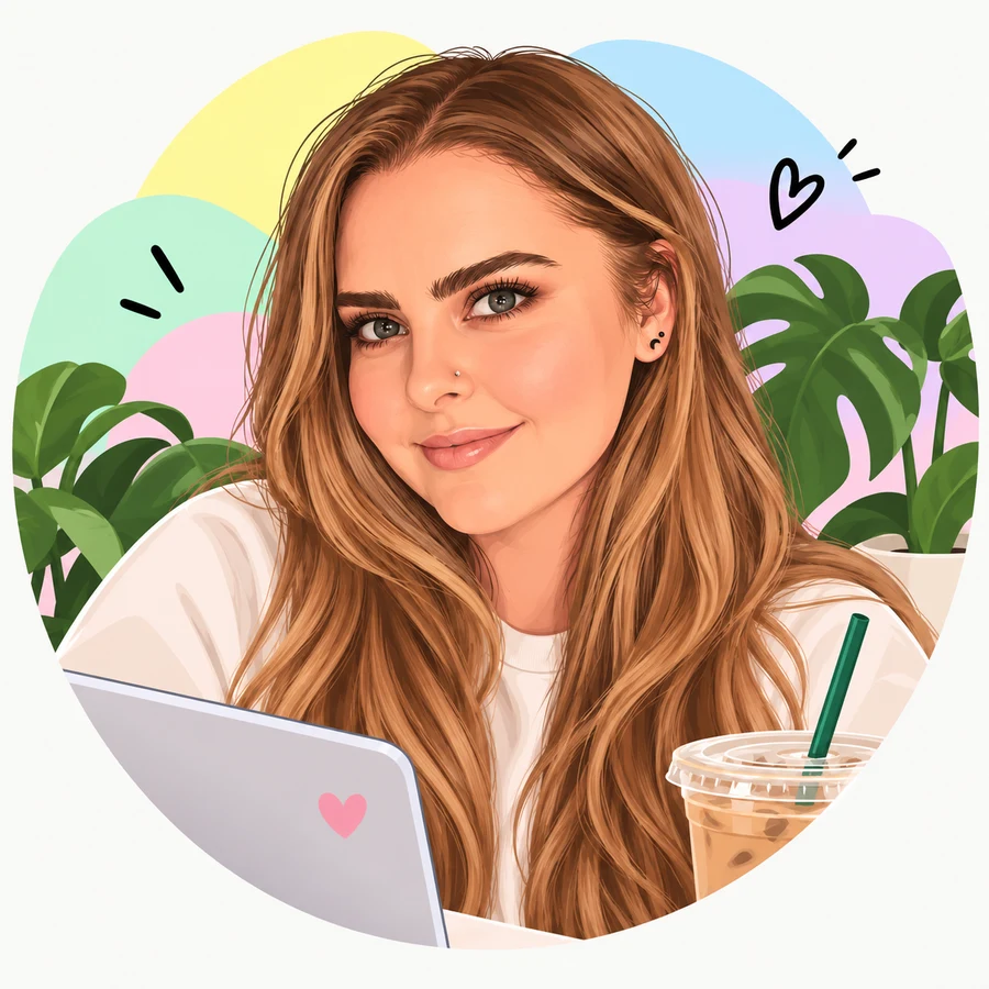 Illustration of Jess, founder of standups & snacktime, smiling over her laptop with an iced coffee and plants behind her