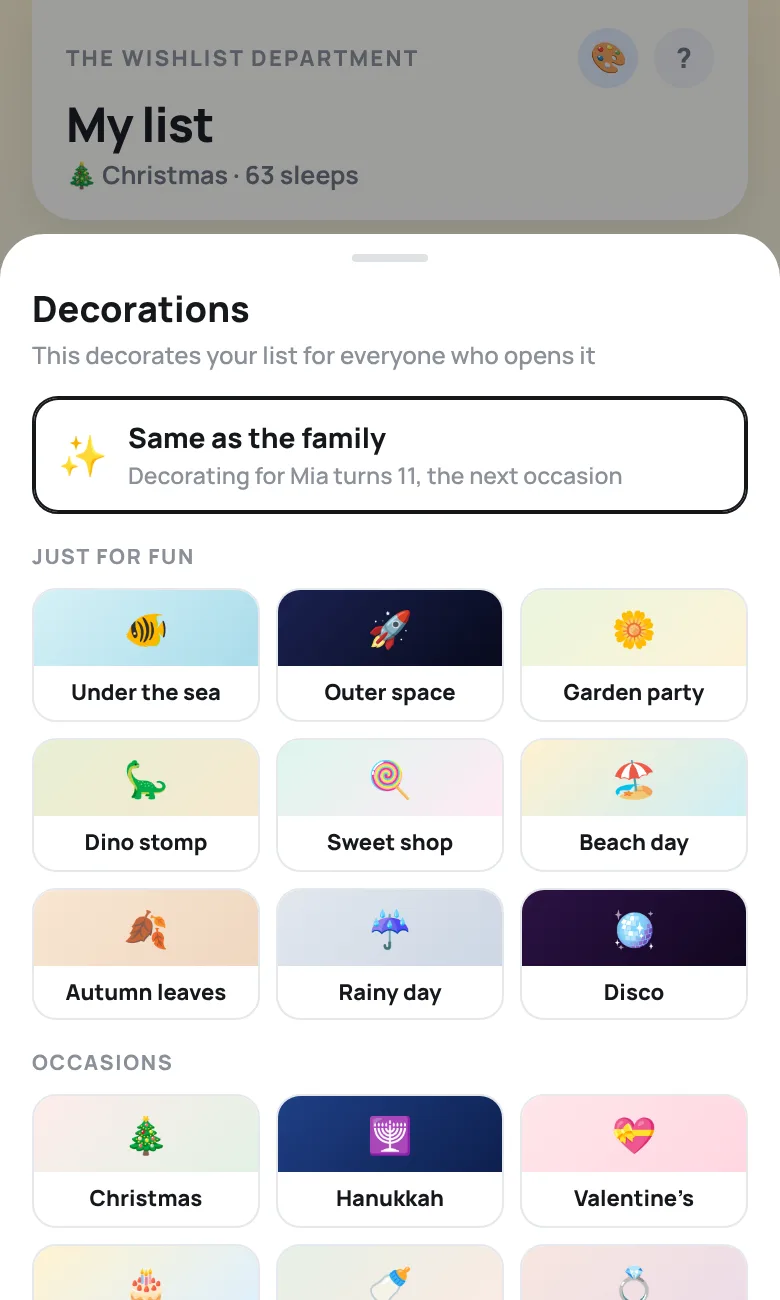 The Decorations sheet with just-for-fun themes and occasion themes to pick from