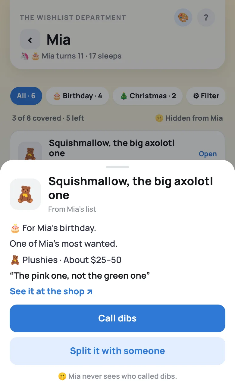 One of Mia's wishes opened from her list, with the details in plain sentences and a big Call dibs button